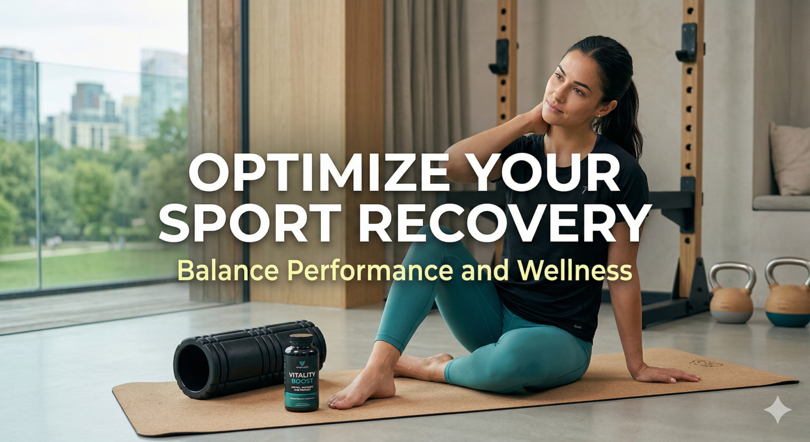 A fit woman in athletic wear relaxing on a yoga mat after a workout, next to a black foam roller and a 'Vitality Boost' natural recovery supplement bottle in a modern gym with large windows. Text overlay reads 'Optimize your sport recovery, Balance Performance and Wellness'.