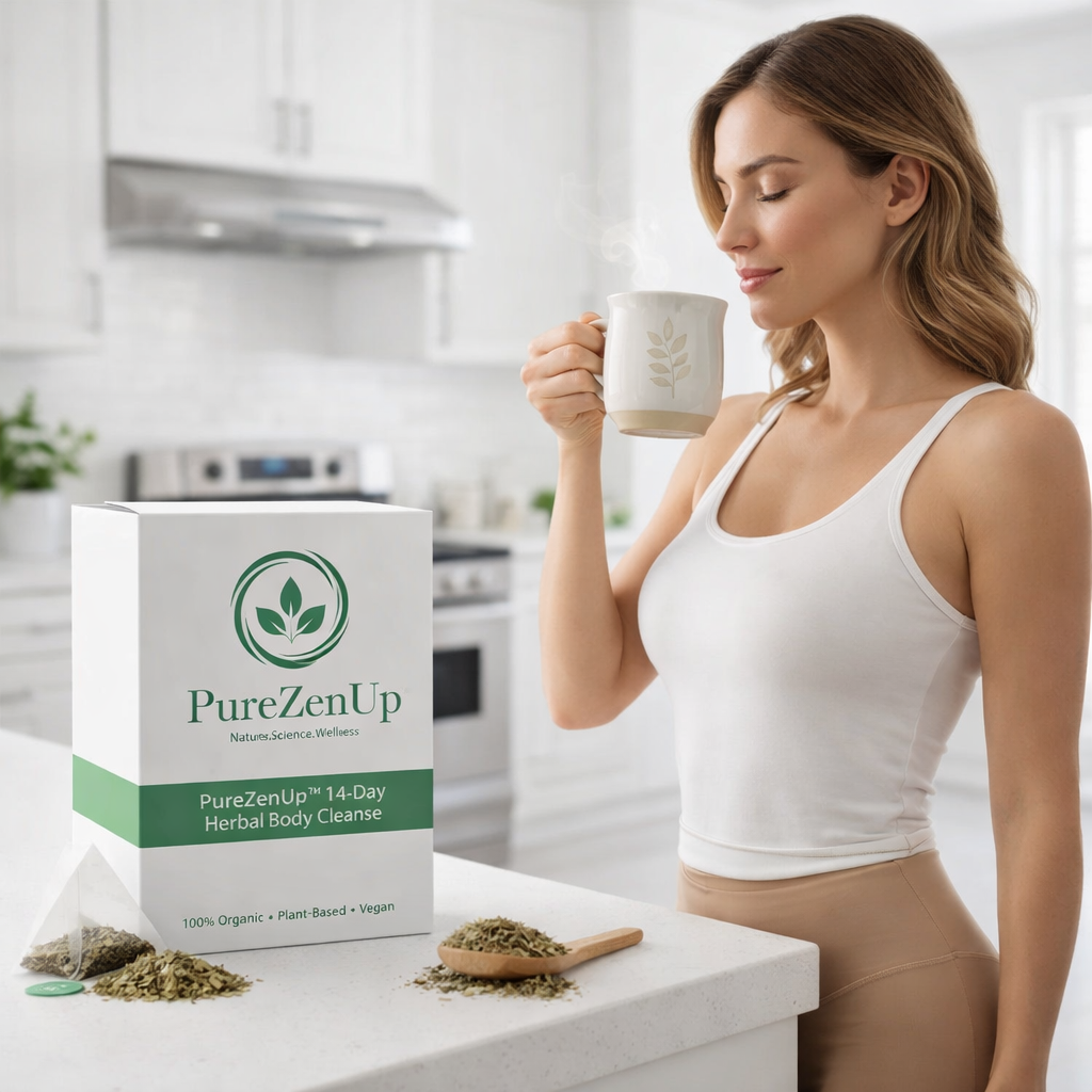 A blonde woman in a white tank top holds a steaming cup next to a bottle and tea bags from the PureZenUp Herbal Body Cleanse on a kitchen counter.