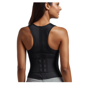 Professional black full-back posture corrector with reinforced lumbar support straps and breathable mesh fabric, shown isolated on a clean white background.