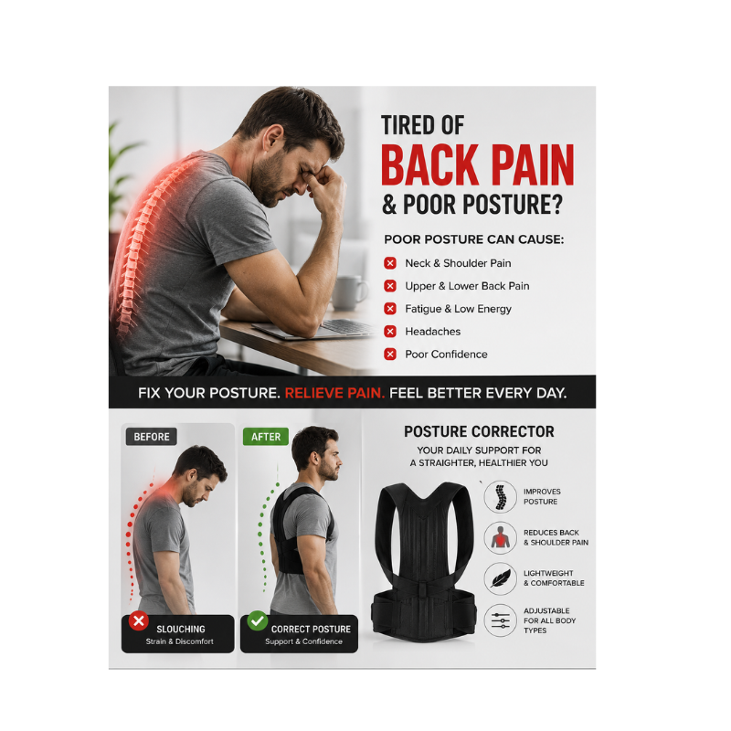 ZenAlign™ Full-Back Posture Corrector – Spine Support & Instant Relief Brace 3 Before and after comparison showing poor posture versus improved upright posture using an ergonomic posture corrector for better spine alignment and back support.