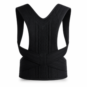 Black ergonomic posture corrector vest isolated on a white background designed for back support, spine alignment, and posture improvement.