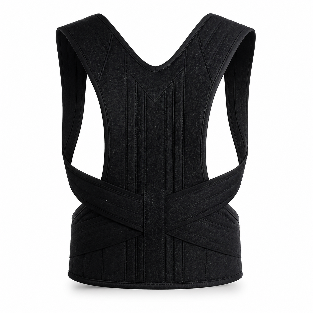 ZenAlign™ Full-Back Posture Corrector – Spine Support & Instant Relief Brace 1 Black ergonomic posture corrector vest isolated on a white background designed for back support, spine alignment, and posture improvement.