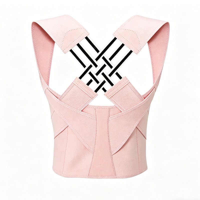 A woman wearing a pink luxury posture correction belt on a white background with a clean and elegant wellness look.