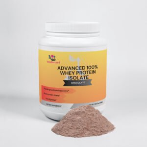 Advanced 100% Whey Protein Isolate Chocolate protein powder with 22g of whey protein per serving for muscle growth, post-workout recovery, and lean muscle support.