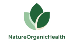 A minimalist logo for NatureOrganicHealth with a leaf-inspired design and modern green typography on a white background.